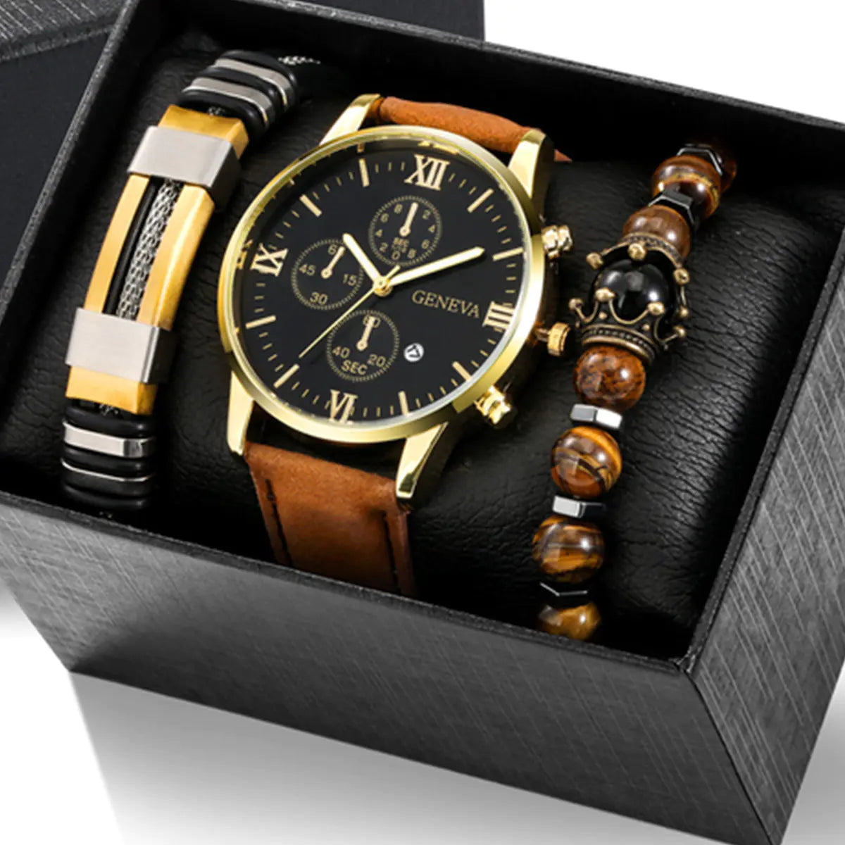 4pcs Men's Watch Set with Cool Quartz and Beaded Bracelet