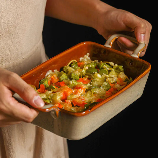 Retro Ceramic Binaural Baking Tray for Household Use